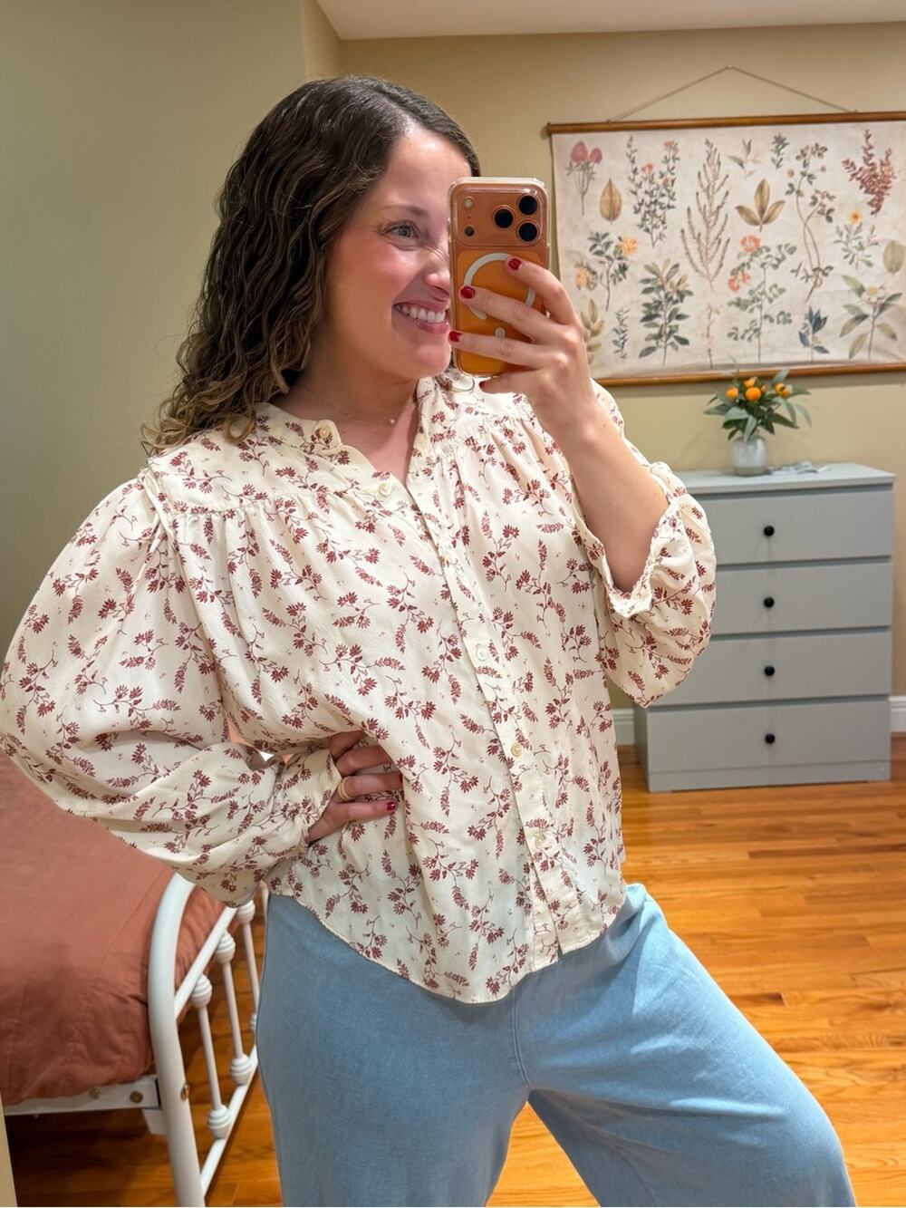 Frame Silk Blend Cream Blouse with Rust Floral Print Oversized Small